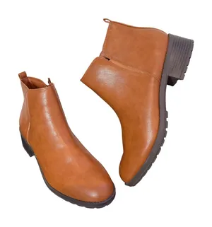 Cognac Brown Ankle Boots Womens 12 Lug‎ Sole Faux Leather Low Block Heel Zip thumbnail 1