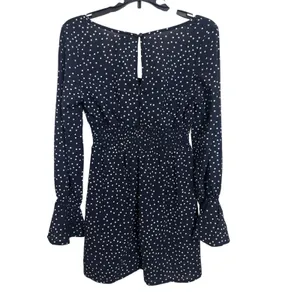 Princess Polly Navy White Polka Dot Bell Sleeve Smocked Mini Dress 8 Whimsical thumbnail 3