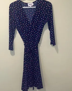 Womens Leota Petite Blue with Polka Dots Faux Wrap Dress thumbnail 1