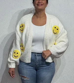 Luna Ivy White Smiley Face Chunky Knit Open Cardigan Sz M thumbnail 1