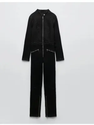 NWT ZARA Black Zip Denim Jumpsuit Long Sleeve Moto Utility XS 8197/247 Stretch thumbnail 2