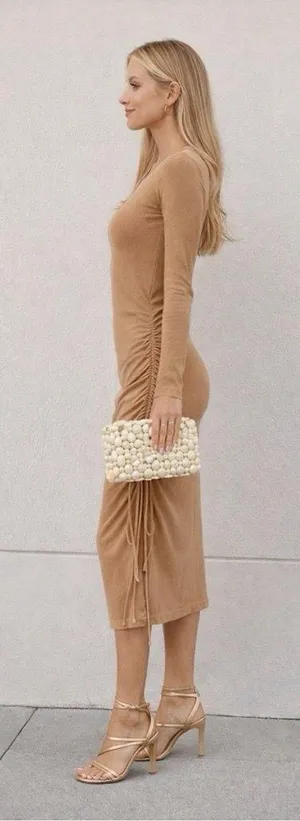 HELLO MOLLY Ribbed Knit Bodycon Ruched Tan Brown Midi Dress Sz M thumbnail 2
