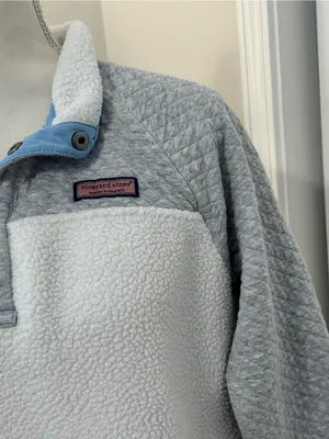 Vineyard Vines Mixed Media Sherpa Shep Shirt Pullover Cream Gray Quilted Large L thumbnail 2