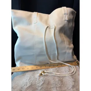 Cream Faux Leather Large Tote Bag Gold Bead Drawstring Shoulder Bag Minimalist thumbnail 3