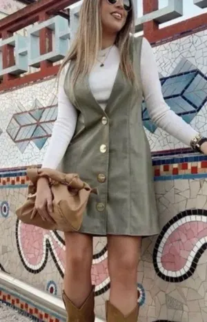 ZARA Mini PINAFORE FAUX LEATHER A-LINE V-Neck DRESS W/ BUTTONS Green SIZE S NEW thumbnail 2