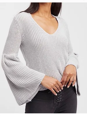 Free People Damsel Bell Sleeve Chunky Knit Sweater Gray XS Boho thumbnail 3