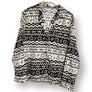 Victorias Secret Pink Womens Pajama Top Medium Black White Peace Sign Motif NWOT thumbnail 1