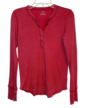 Aerie Shirt Long Sleeve Thermal Waffle Henley Red‎ Distressed Medium thumbnail 1