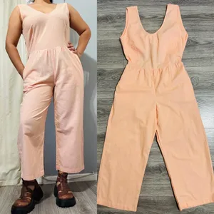 Cottagecore Peach‎ Sleeveless Wide Leg Jumpsuit XS Open Back Tie Pocketed Romper thumbnail 2