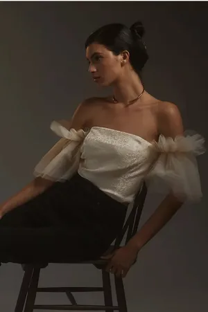 Anthropologie Sunday In Brooklyn Tulle Off The Shoulder Blouse Top Ivory Xl thumbnail 2