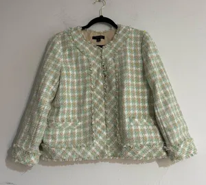 Green Pastel Tweed Fringe Blazer Size 8 Office Work Career thumbnail 1