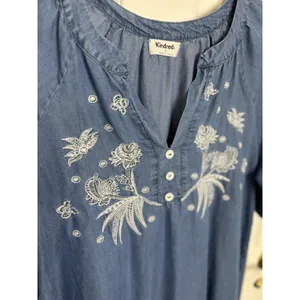 Anthropologie Kindred Chambray Embroidered Denim Mini Dress S Ruffle Hem Prairie thumbnail 3