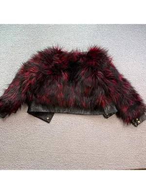 Balmain x H&M 2015 Red Black Faux Fur Leather Trim Cropped Jacket Women's US thumbnail 2