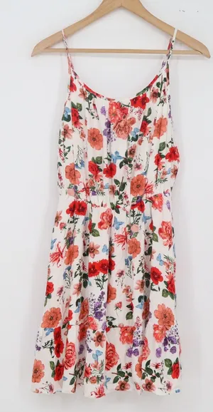 Unbranded Mini Dress Womens S Floral White Spaghetti Strap Ruffle Hem Excellent thumbnail 1