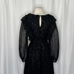 BY THE RIVER Chiffon Midi Dress Ruffled Black Gold Stars Party Glam Star Small‎ thumbnail 10
