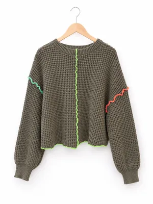 New IN Women’s Waffle Knit Sweater Medium Brown Neon Contrast Stitch thumbnail 2
