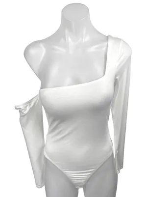Superdown Womens White Off Shoulder Long Sleeve Thong Bodysuit Blouse Top Size S thumbnail 1