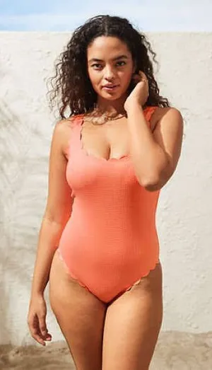 Aerie Waffle Scalloped One Piece‎ Swimsuit in a coral/neon Size XXL thumbnail 1
