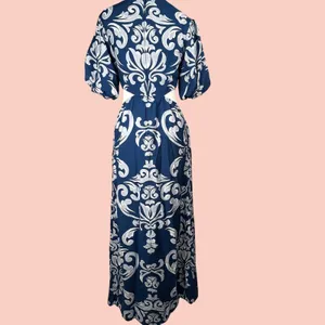 Abercrombie & Fitch Dress XS Blue Waist Cutout Damask Puff Sleeve Maxi Midi Boho thumbnail 4