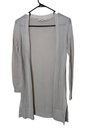Loft Petites Oatmeal Beige Linen Blend‎ Open Front Mesh Longline Cardigan XXSP thumbnail 1