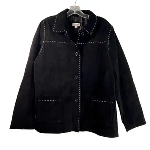 Denim & Co Black Suede Leather Whipstitch Button Front Jacket Coat Large L thumbnail 2