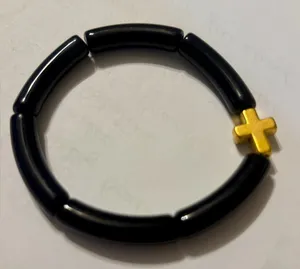 NWT handmade Black Beaded Bracelet with Gold Cross thumbnail 1