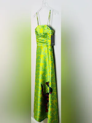 Theia Lime Green Spotted Puppy Dog Satin Formal Strapless Gown Dress thumbnail 4