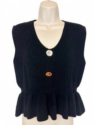 Commence Black Ribbed Knit Peplum Vest Top Size M Gold Buttons Sleeveless thumbnail 2