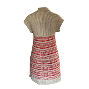 Free People Long Knit Sweater Vest Cardigan Button Front Striped Red Beige S thumbnail 2