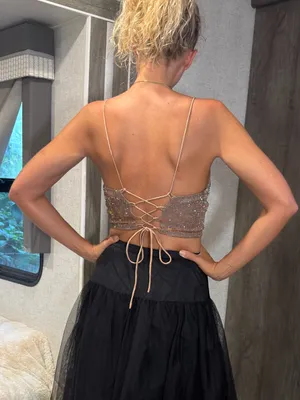 Lulus Sparkly Cropped V Neck Lace Up Back In Bronze Gold Size Small thumbnail 2
