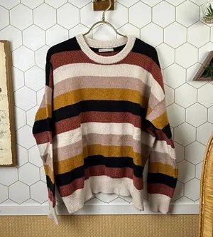 Active USA Tan Color Block Striped Knit Boxy Fit Sweater - Size - Large thumbnail 1