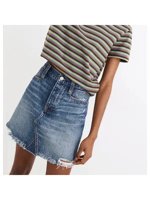 Madewell Skirt Size 26 Blue Button Fly‎ Distressed Raw Hem A Line Mini Y2K Retro thumbnail 2