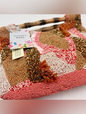 Handcrafted India Beaded Sequin Bamboo Handle Handbag Pink Coral Gold NEW thumbnail 2