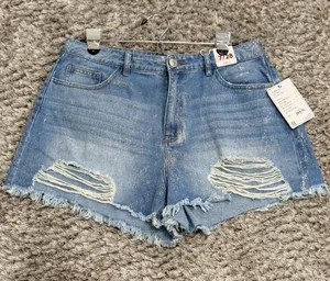NWT BBJ Denim Shorts Womens 7/28 Glitter Distressed Ripped Cut Off High Rise thumbnail 1