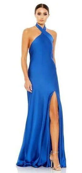 Mac Duggal 26925 Cobalt Blue Asymmetrical Crisscross Halter Gown Size 0 New thumbnail 1