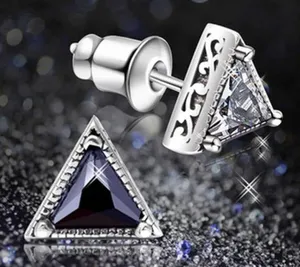 NEW Unisex Simulated Diamond‎ 925 Sterling Silver Triangle Stud Earrings thumbnail 1