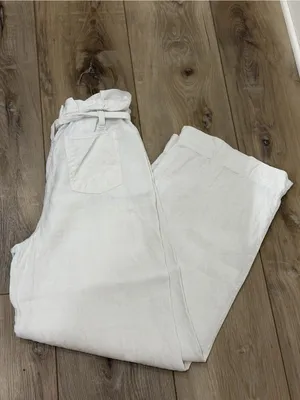 White High-Rise Tie-Waist Wide-Leg Linen Pants thumbnail 5