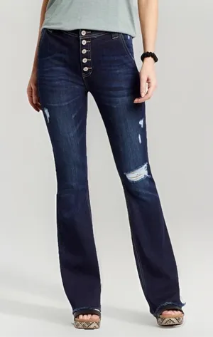 KanCan High Rise Dark Ripped Button Fly‎ Flare Jean Womens XL thumbnail 1