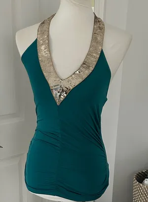 Stunning Teal Blue Y2K Halter Top with Gold Sequins thumbnail 1