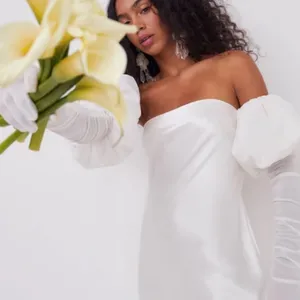 For Love & Lemons White Puff Sleeve Mini Dress Back Tie Satin Bridal Medium‎ NWT thumbnail 2