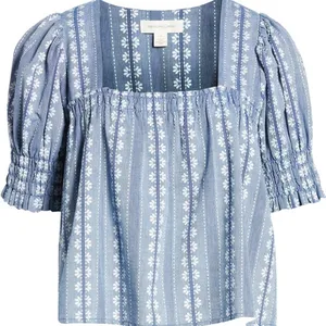 Treasure & Bond Blue Smocked Crop Blouse thumbnail 3