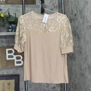 NWT Ny Collection Petites Keyhole Lace Trim Blouse Shirt Top Doeskin Brown PL thumbnail 3