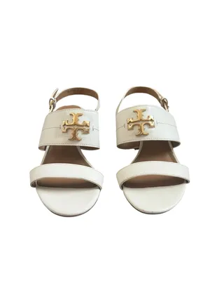 Tory Burch Women’s Eleanor White Leather Gold Metal Block Heel Sandals Size 9.5 thumbnail 4