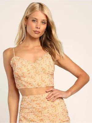 NWT Lulus Ruche Toward Spring V-Neck Cropped Cami Tank - Orange/Floral - M thumbnail 1