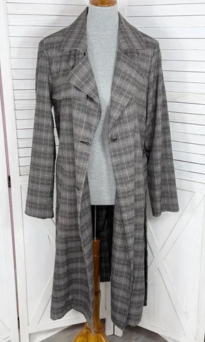 Jennifer Lopez Trench Coat Women Large Grey Plaid Double Breasted Lightweight‎ thumbnail 1