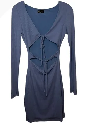 White Fox Boutique Dusty Blue Ribbed Cut Out Tie Front Long Sleeve Mini‎ Dress M thumbnail 1
