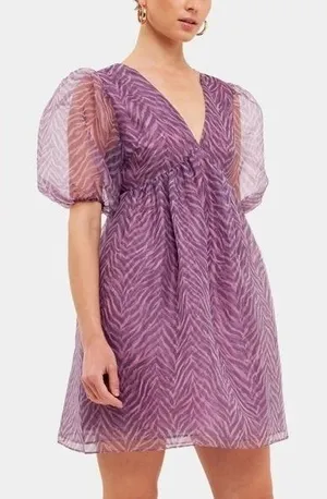 Endless‎ Rose Ella Organza Babydoll Mini Dress Women Medium Purple Zebra Print thumbnail 1