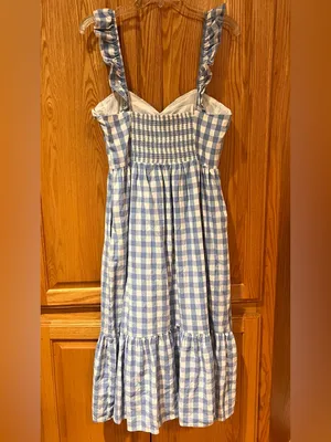 English Factory Sweetheart Neck Ruffle Gingham Midi Dress Blue White Size Medium thumbnail 8