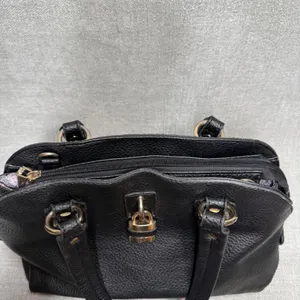Black Padlock Faux Leather Satchel Handbag Purse Gold Padlock‎ Detail Medium thumbnail 5