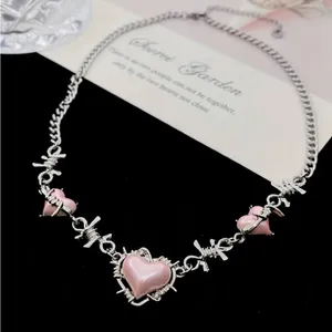 Creative Pink Heart Barbed Wire Silver Plated Choker‎ Length Necklace Soft Goth thumbnail 9